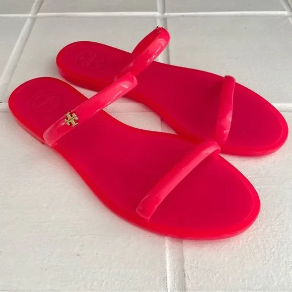 Tory Burch Logo Jelly Slides Size 5 Hot Neon Barbie Pink Sandals - Picture 2 of 3
